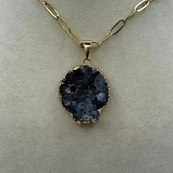 Druzy Amethyst Skull Pendant with Gold Plated Siding on Stainless Steel Chain - Picture 3 of 9